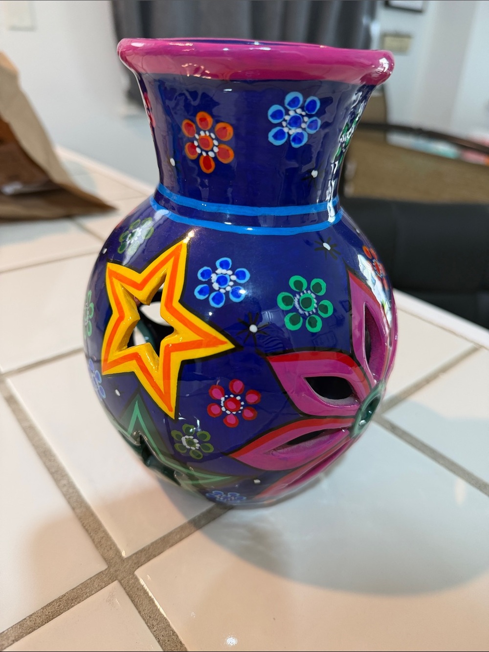 Hand-Painted Blue Floral Ceramic Vase with Pink Trim